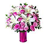 Elegant Lilies And Pink Roses Vase