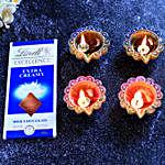Diwali Special Floral Diyas With Greeting Card And Lindt