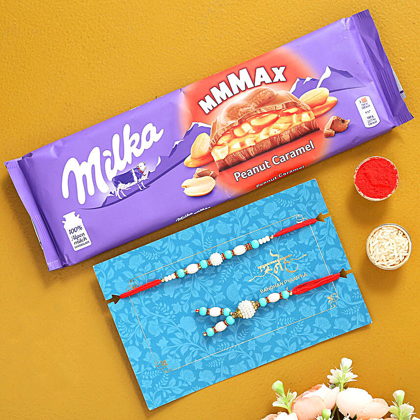 Blue Lumba Rakhi Set And Milka Peanut Chocolate