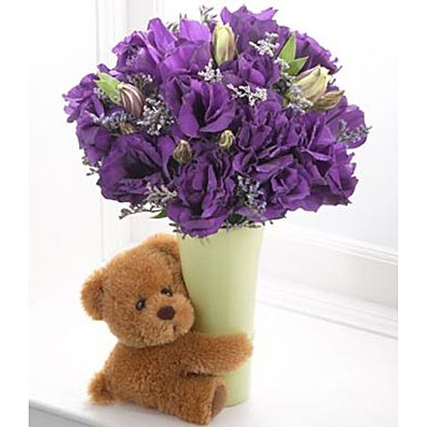 Blue Flowers Bunch And Teddy Bear