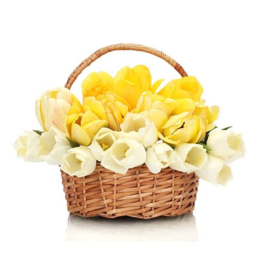 Charismatic White And Yellow Tulips Basket