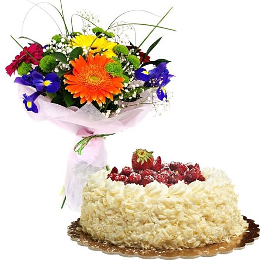 Mixed Flowers Bouquet And Strawberry Cream Cake