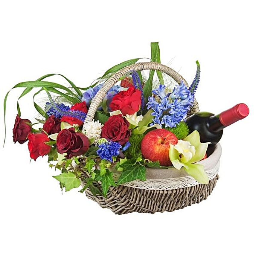 Mixed Flowers With Fresh Fruits And Red Wine