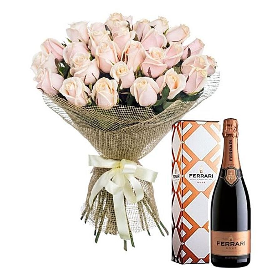 Pink Roses Bouquet And Wine