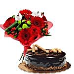 Mixed Red Flowers Bunch And Chocolate Cake