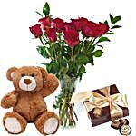 Red Roses Bunch With Teddy And Chocolates
