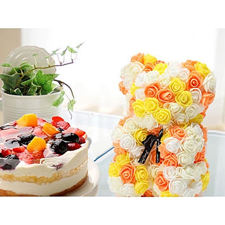 Cute Floral Teddy And Cake Combo