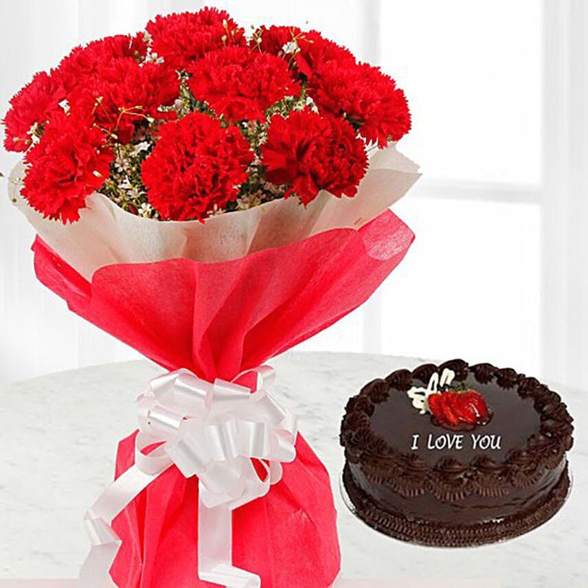 Red Carnation Bunch And Cake