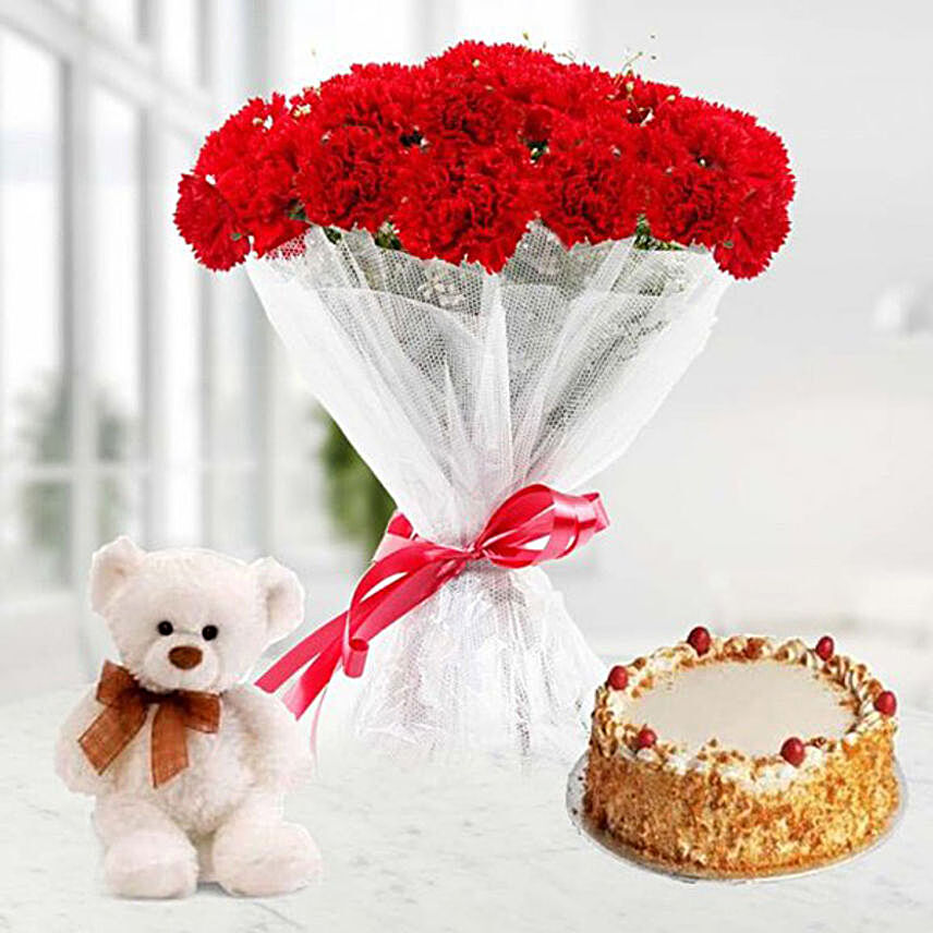 Exotic Red Carnation Bunch And Cake
