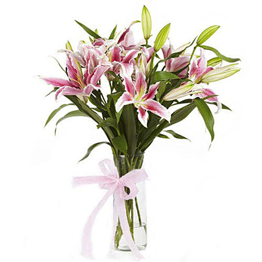 Charming 6 Pink Oriental Lilies Glass Vase