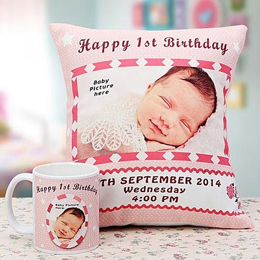 Personalised Happy 1st Birthday Cushion & Mug Combo