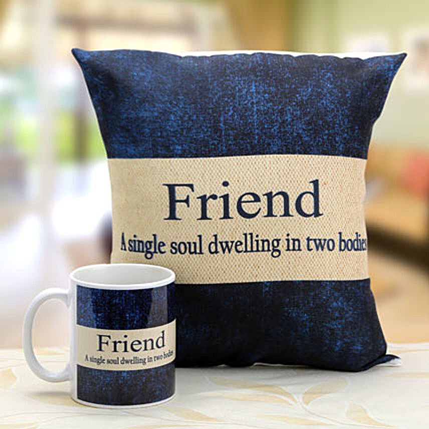Denim print mug and cushion