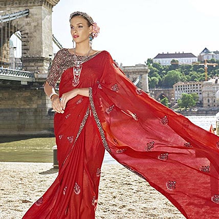Ravishing Red Chiffon Embroidered Saree