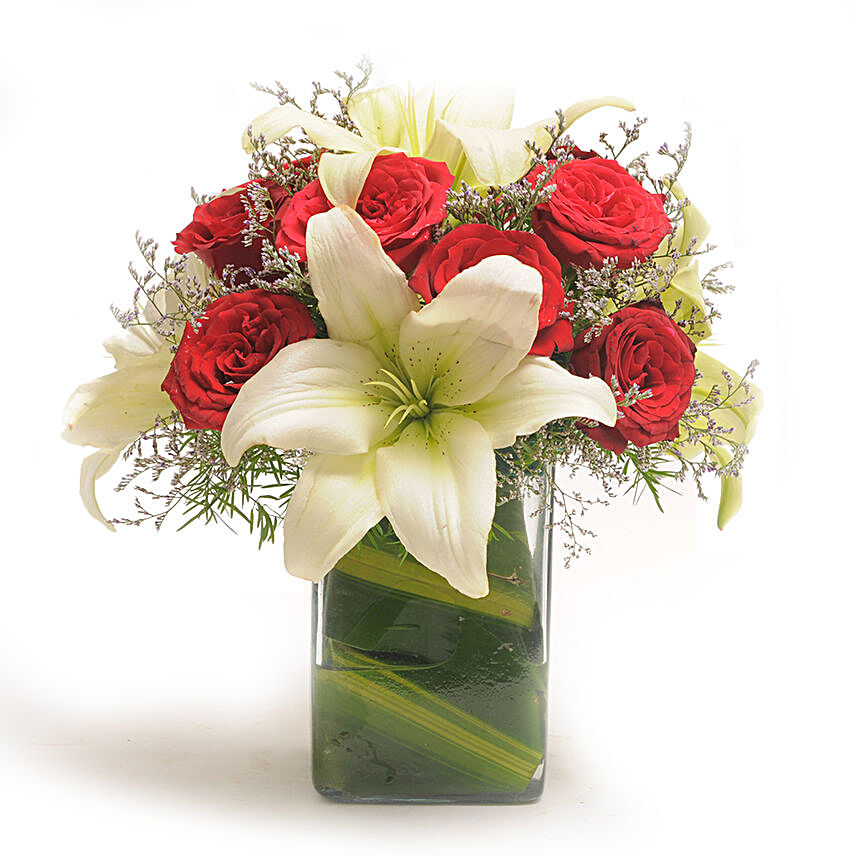 Red Roses & White Lilies Glass Vase