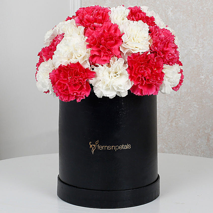 Dark Pink & White Carnations Box Arrangement