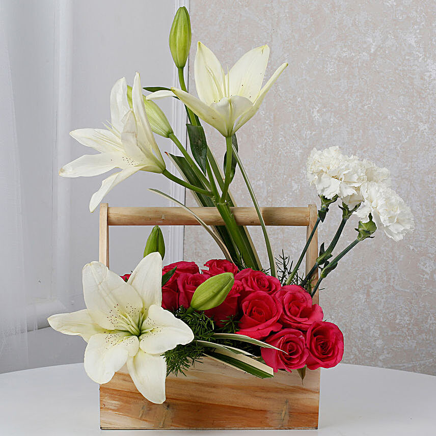 White N Pink Flowers Wooden Arrangement