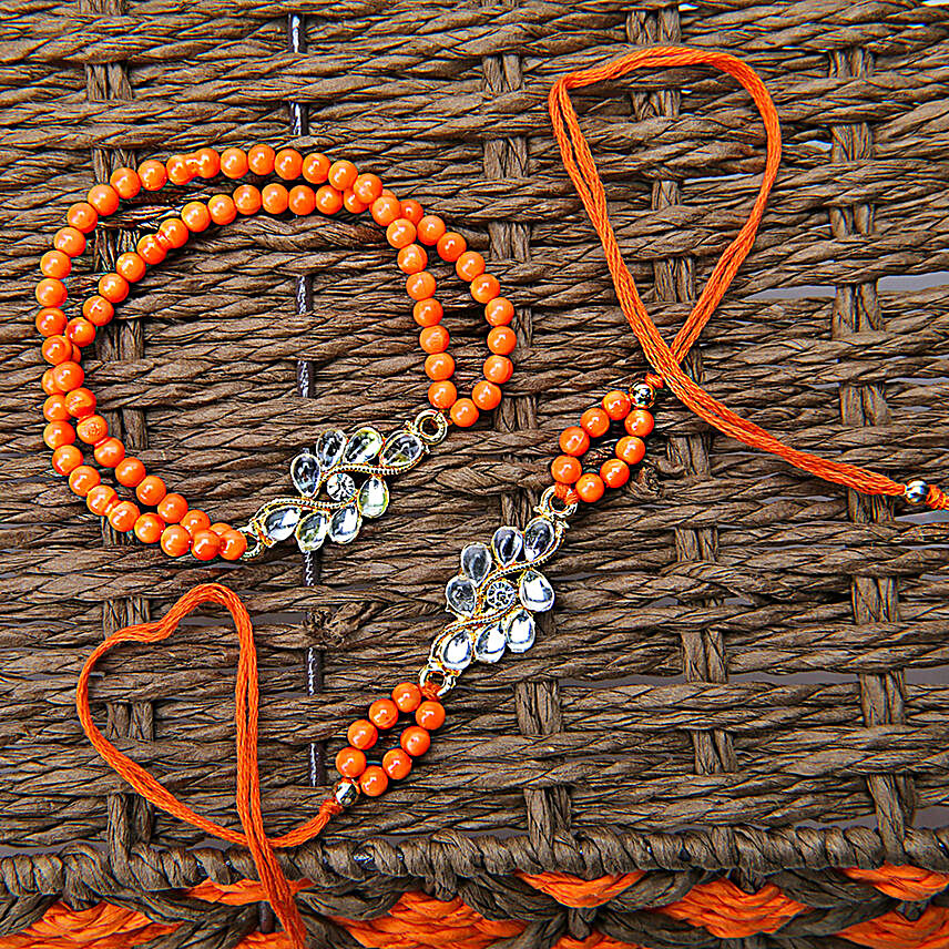 Orange Kundan Lumba Rakhi Set