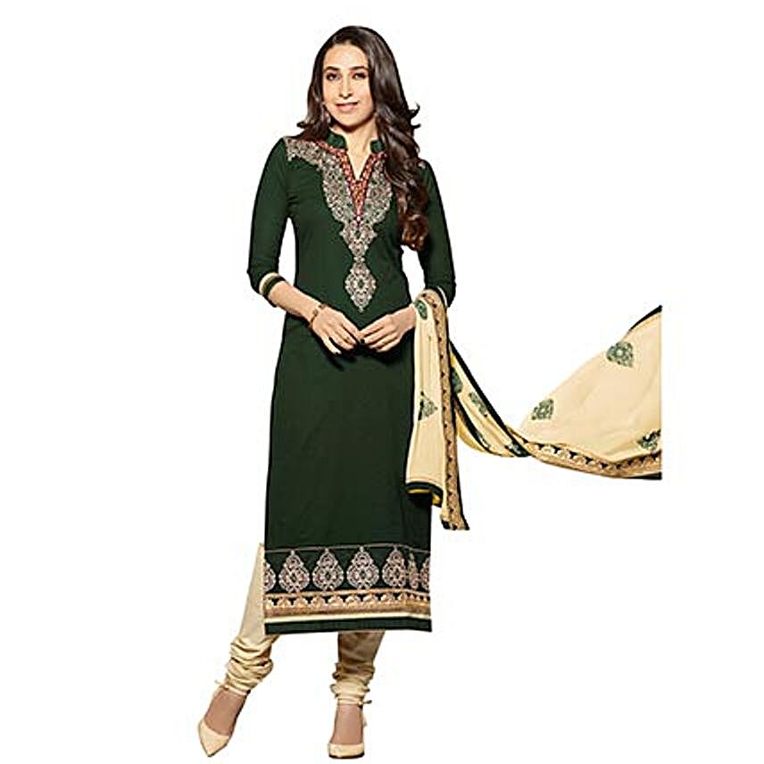 Green Pure Cotton Embroidered Dress Material