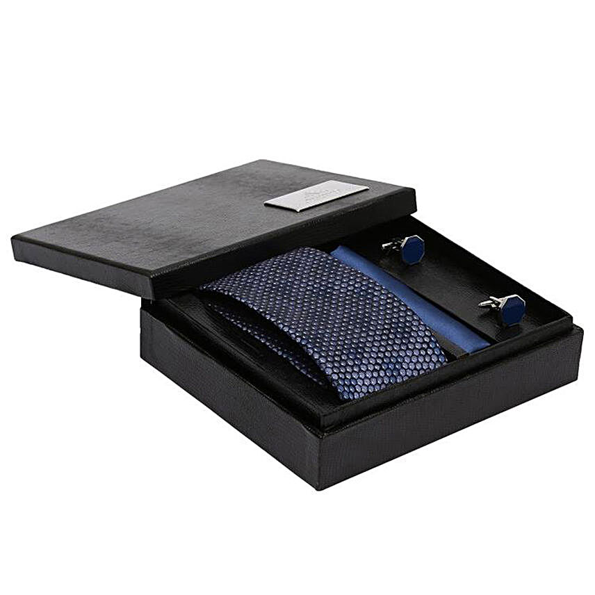 Alvaro Castagnino Blue & Black Necktie Pocket Square & Cufflinks in Crocodile Box For Men