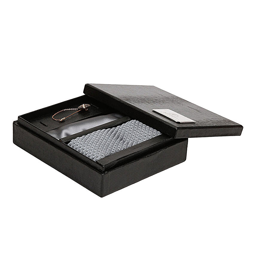 Alvaro Castagnino Silver & Black Necktie Pocket Square And Lapel Gift Pin Set for Men