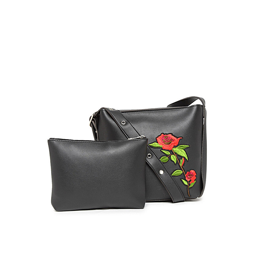 Black Handbag with Red Floral Design & Pouch Combo