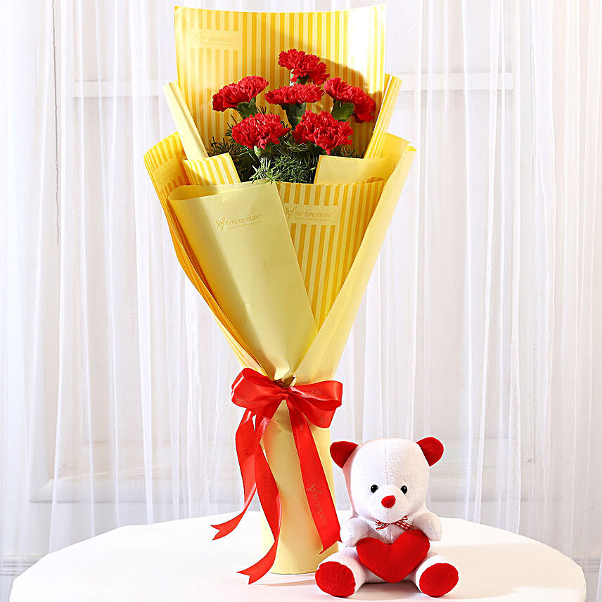 6 Red Carnations Bouquet & Teddy Bear Combo