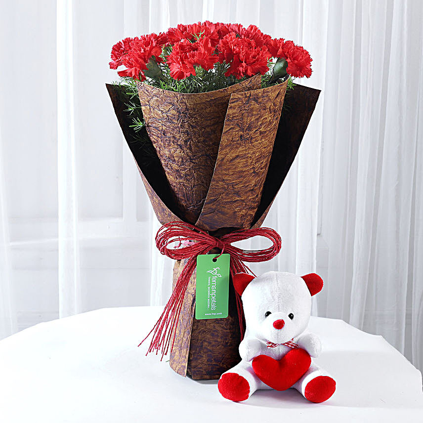 12 Red Carnations Bouquet & Teddy Bear Combo