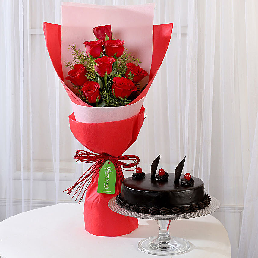 8 Red Roses with Truffle Cake Combo