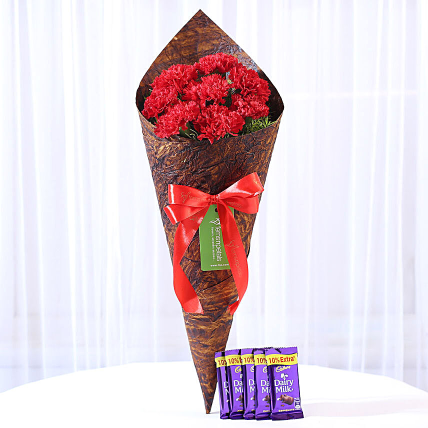 8 Vibrant Red Carnations & Dairy Milk Combo