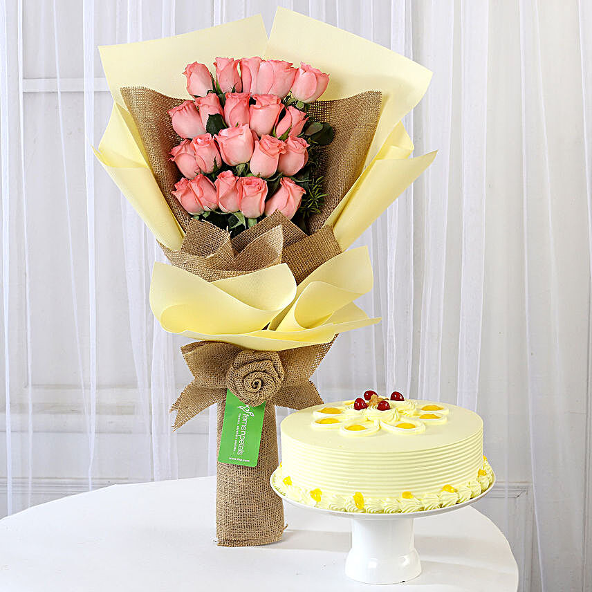 20 Pink Roses Bouquet & Butterscotch Cake