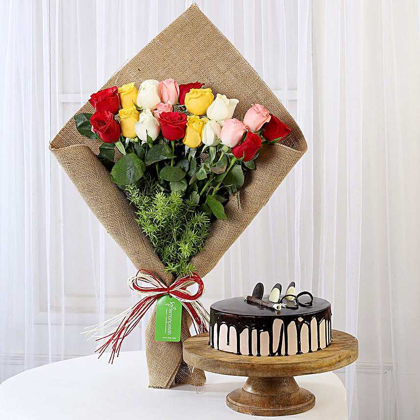 Mix Roses Bouquet & Choco Cream Cake Combo