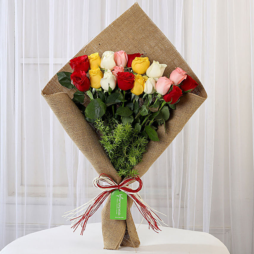 Mix Roses Bouquet in Jute Wrapping