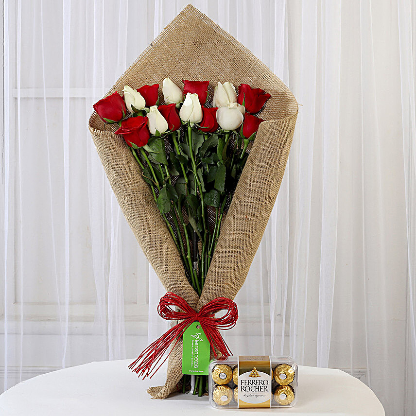 Red & White Roses with Ferrero Rocher