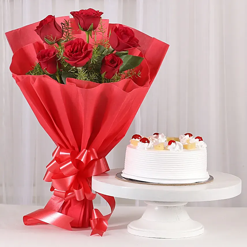 Red Roses & Pineapple Cake Combo