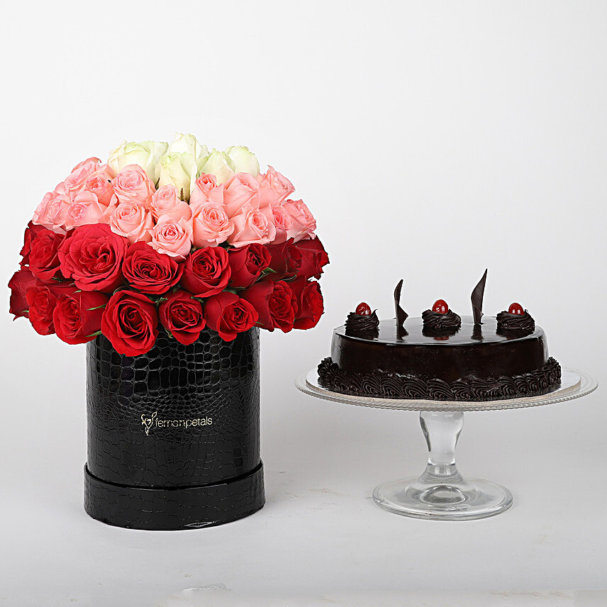 Mixed Roses Box & Truffle Cake Combo