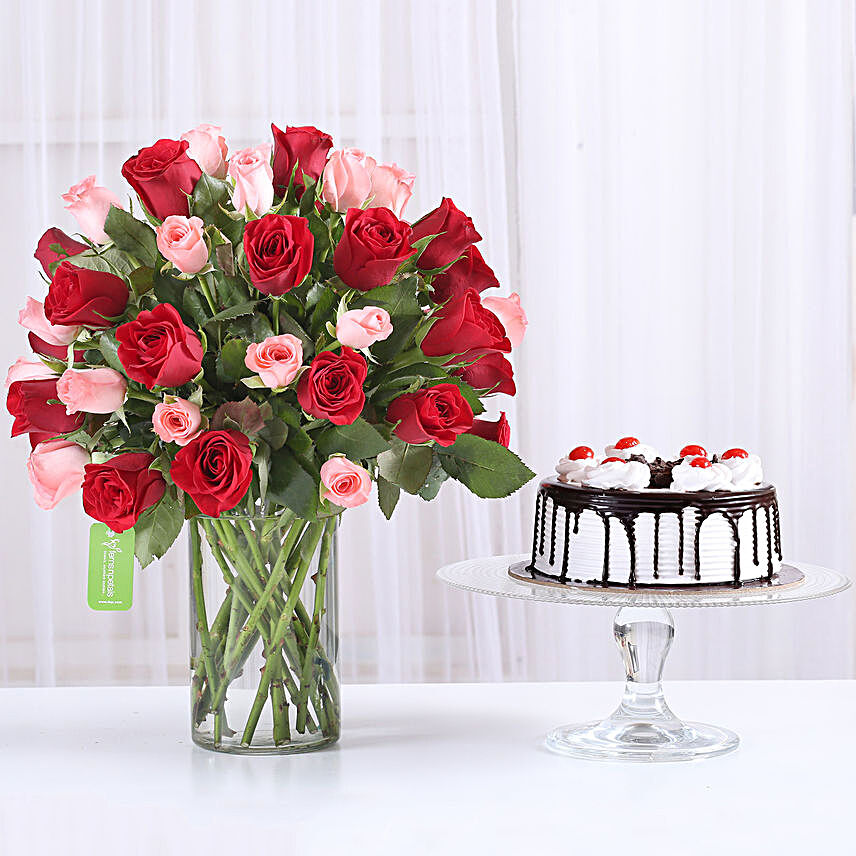 Red & Pink Roses With Black Forest Cake