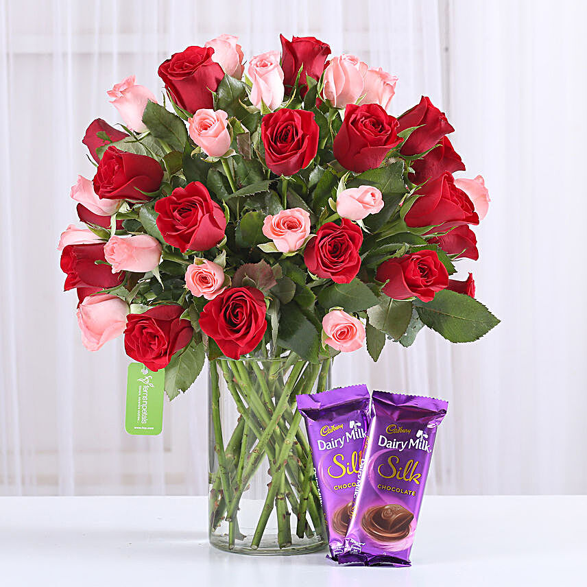 Red & Pink Roses With Dairy Milk Silk