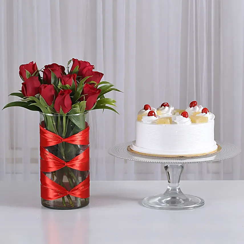 Red Roses Vase with Pineapple Cake Combo