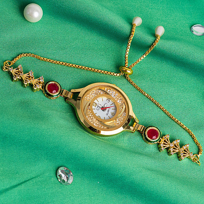 Classy Gold Plated Watch with Red Stones
