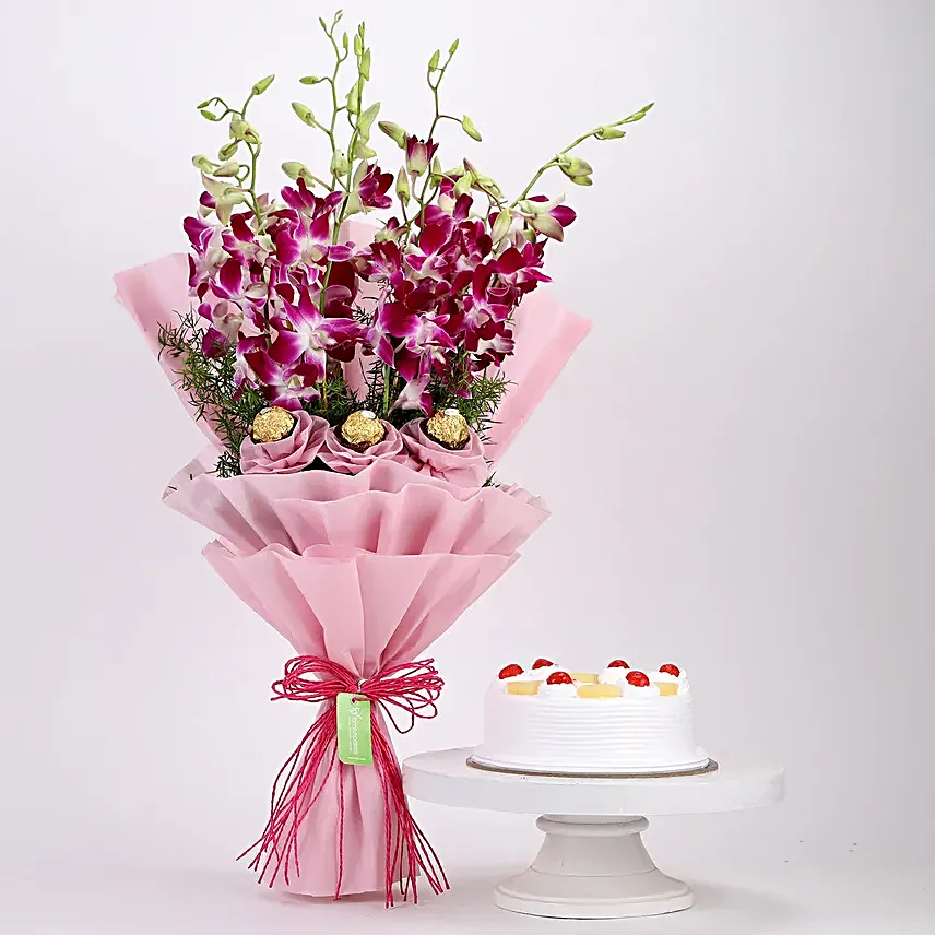 Chocolaty Orchids Bouquet & Pineapple Cake