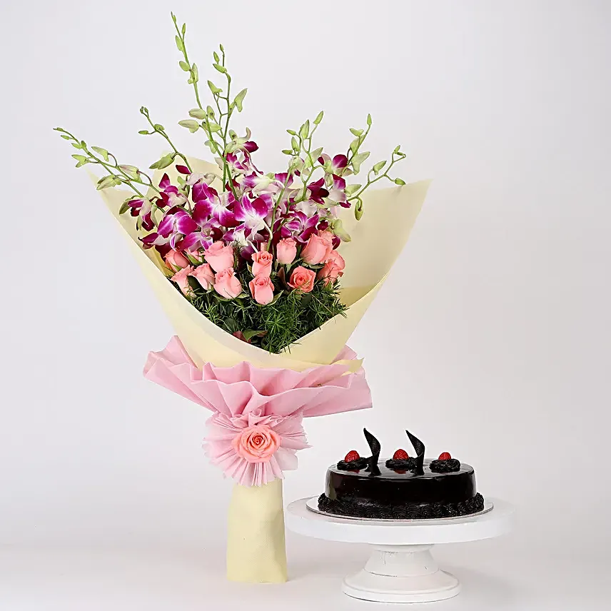 Truffle Cake With Orchids & Roses Bunch