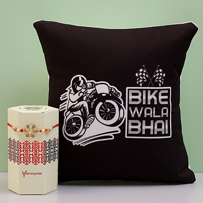 Meenakari Rakhi & Bike Wala Bhai Cushion Combo