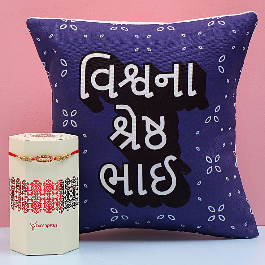 Traditional Rakhi & Printed Cushion Combo