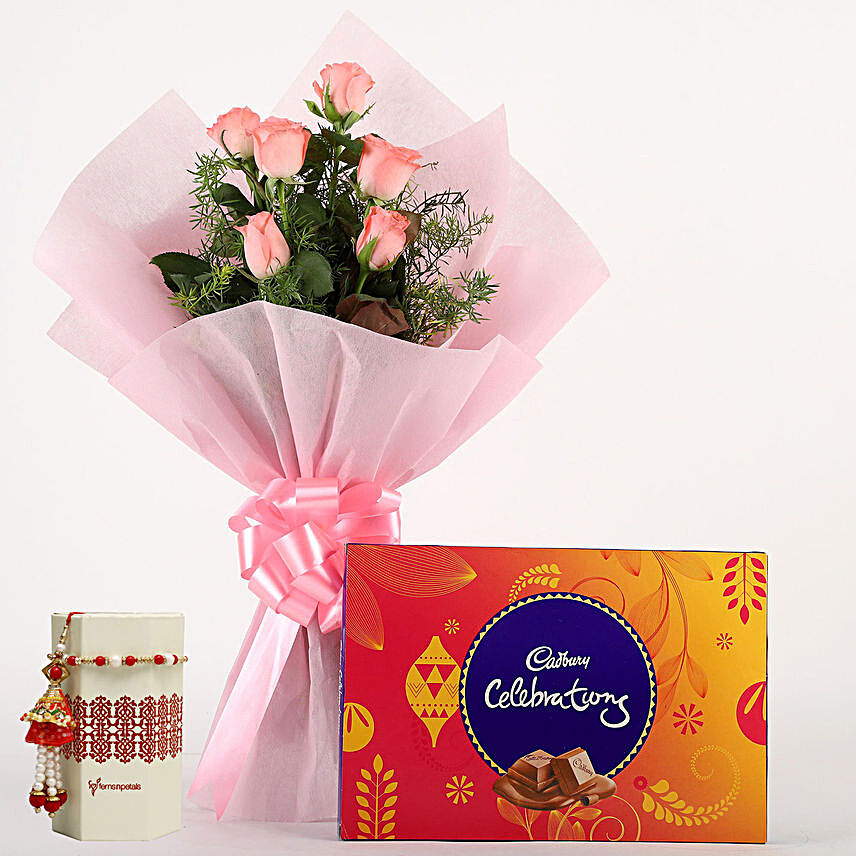 Chocolates & Pink Roses With Rakhi