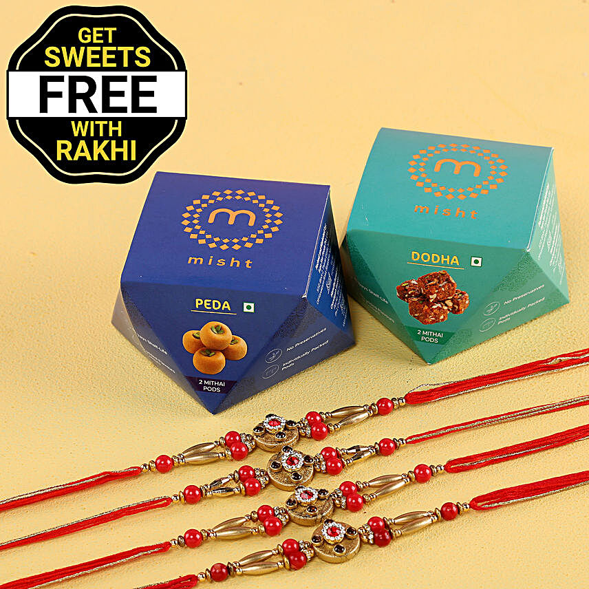 Free Sweet Boxes With Red Stone Rakhi Set