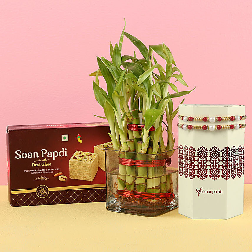 2 Layer Bamboo & Rakhi Set With Soan Papdi