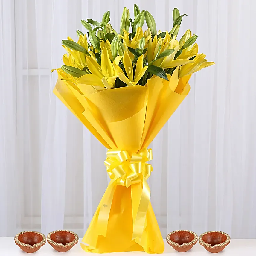 Sunshine Yellow Asiatic Lilies & Diyas Combo