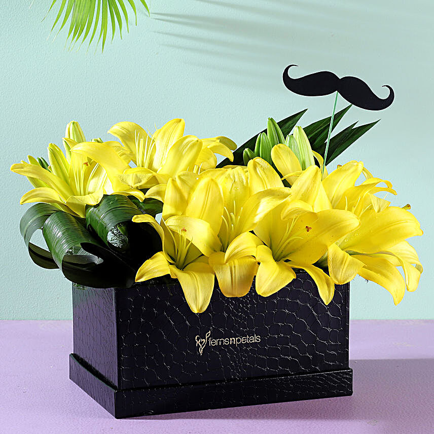 Yellow Asiatic Lilies Box With Mustache Tag
