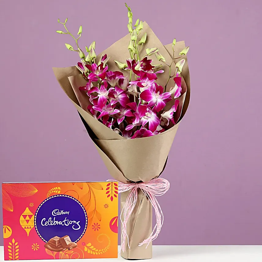 Purple Orchids Bouquet & Cadbury Celebrations