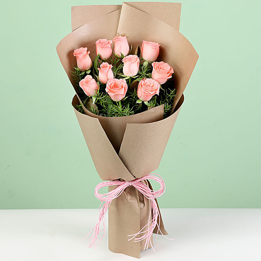10 Pink Roses In Brown Paper